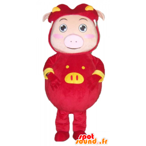 豚マスコット の 赤と黄色のスーツに身を包んだピンクのブタのマスコット 色変更 変化なし 切る L 180 190センチ 撮影に最適 番号 服とは 写真にある場合 番号 付属品 番号