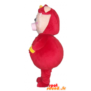 Pink gris maskot klædt i et rødt og gult kostume - Spotsound