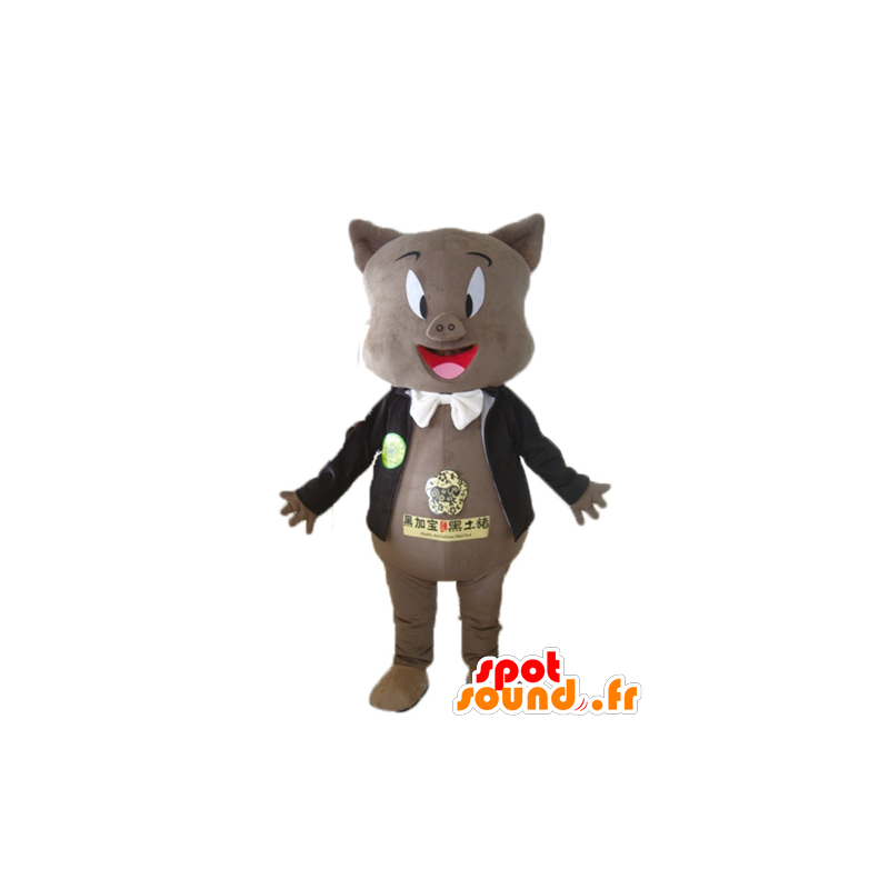 Grå gris maskot, i sort jakke og et slips - Spotsound maskot