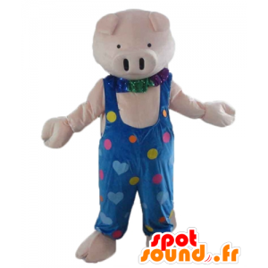 Pink gris maskot i blå overall med farvede hjerter - Spotsound