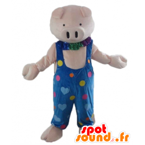 Pink gris maskot i blå overall med farvede hjerter - Spotsound