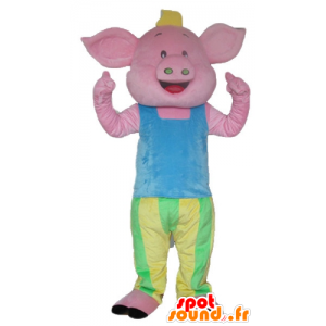 Pink pig mascot in blue...
