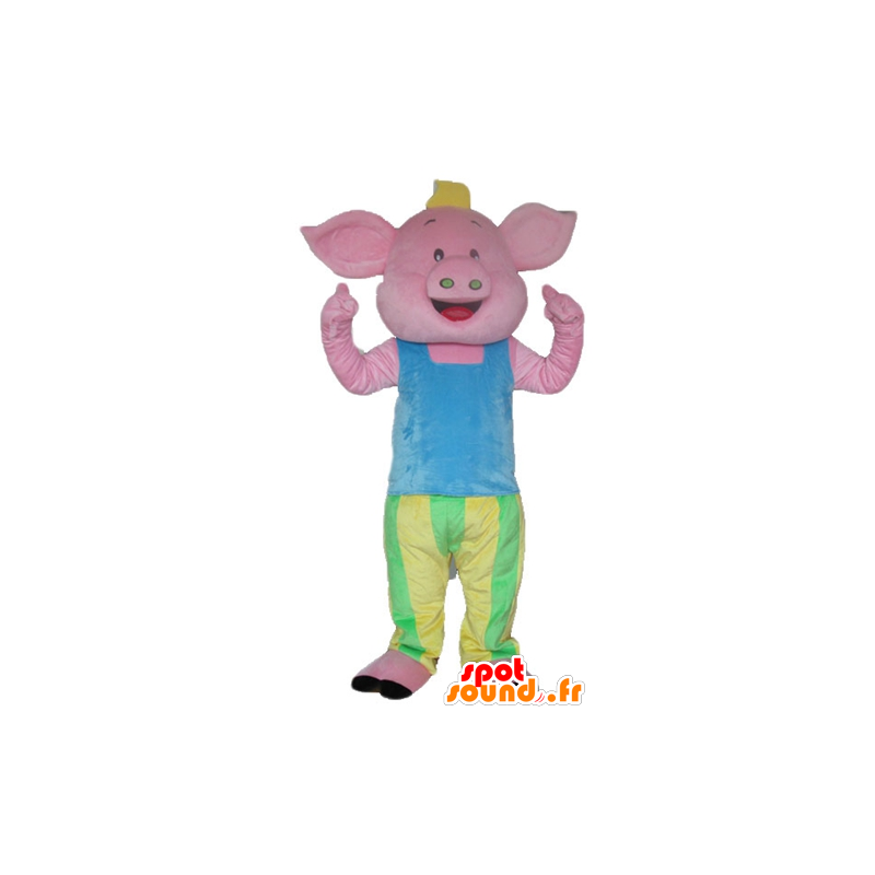 Pink gris maskot, i blå, grøn og gul tøj - Spotsound maskot