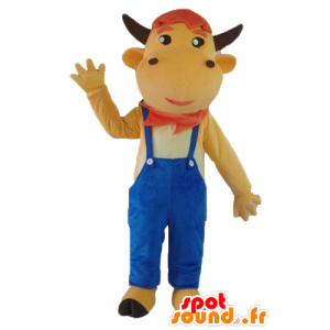 Brown cow mascot in blue...