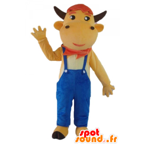 Brun ko maskot i blå overall - Spotsound maskot