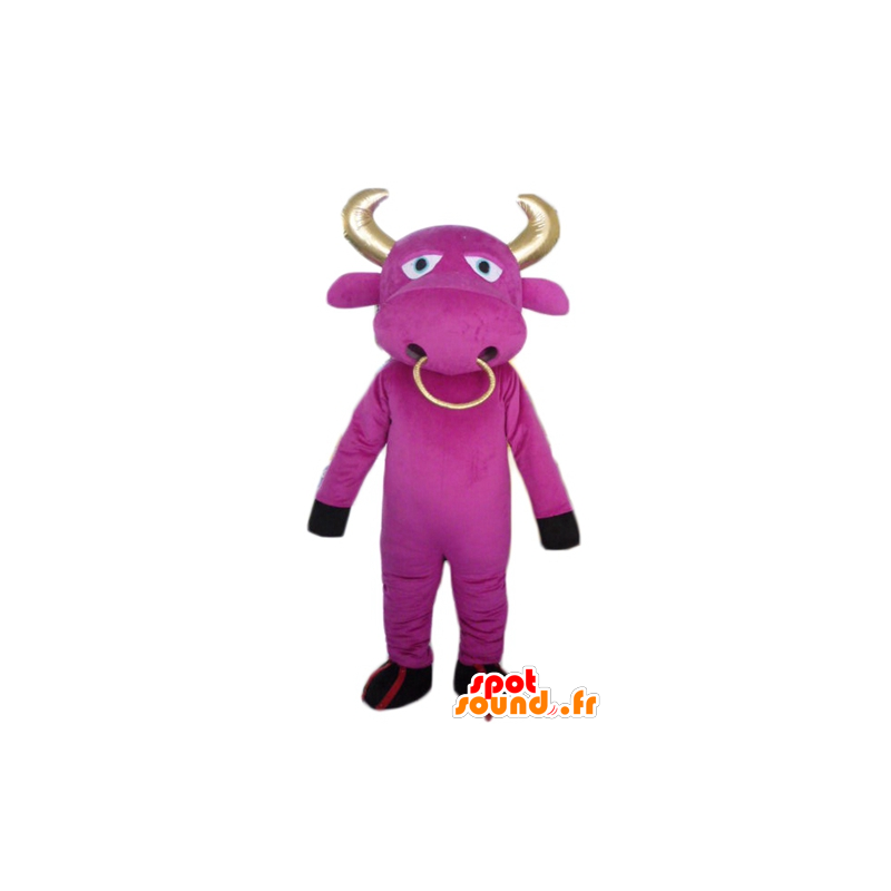 Pink ko maskot med horn og en gylden ring - Spotsound maskot