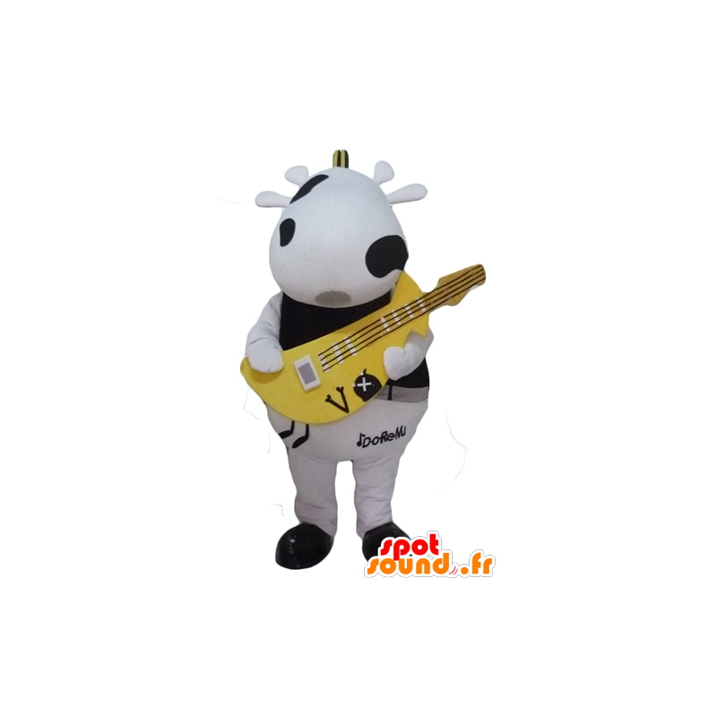 Sort og hvid ko-maskot med en gul guitar - Spotsound maskot