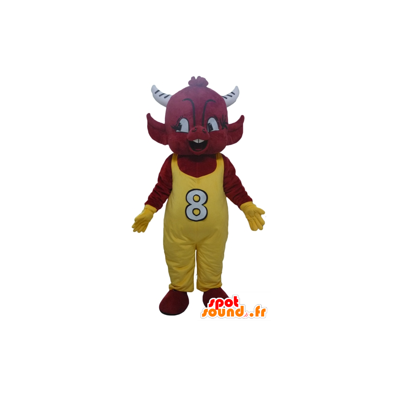Djævelens maskot, rød imp, i gul overall - Spotsound maskot