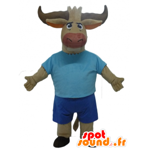 Buffalo maskot, brun tjur, klädd i blått - Spotsound maskot