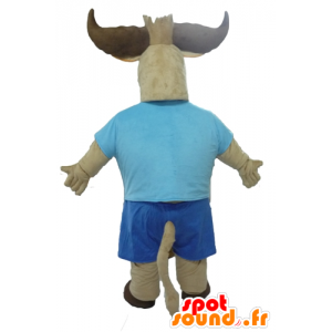Buffalo maskot, brun tjur, klädd i blått - Spotsound maskot
