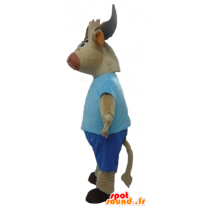 Buffalo maskot, brun tjur, klädd i blått - Spotsound maskot