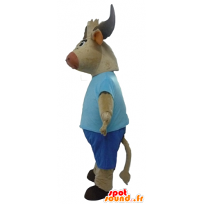 Buffalo maskot, brun tyr, klædt i blåt - Spotsound maskot