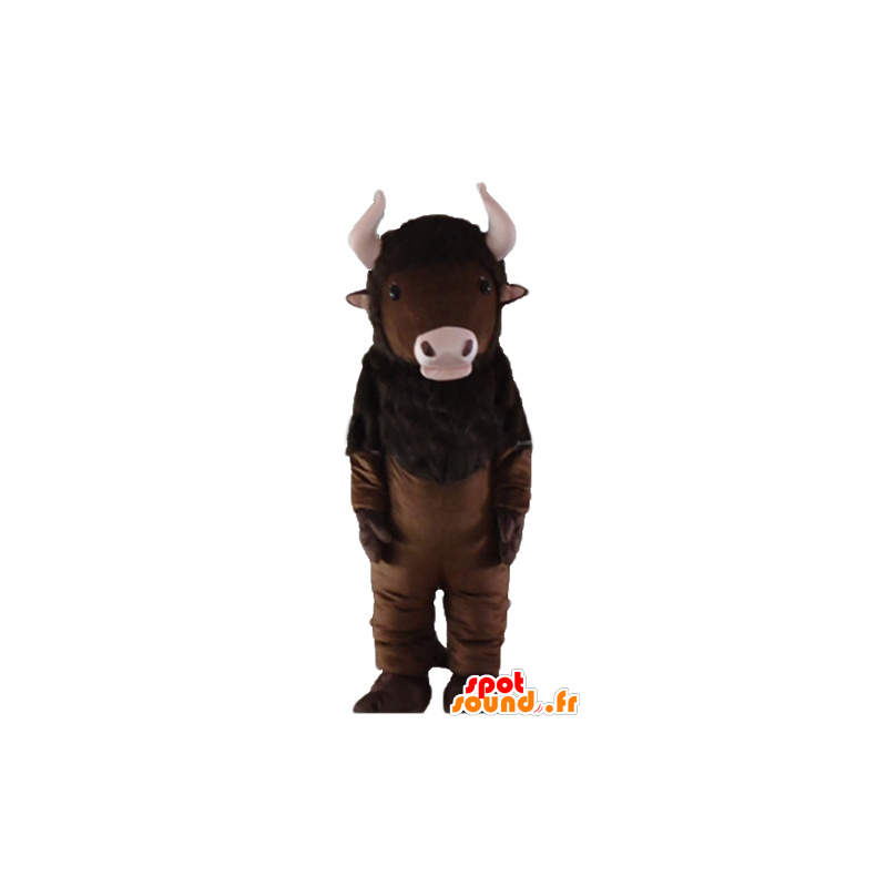 Brun bisonmaskot med rosa horn - Spotsound maskot