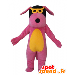 Pink dog mascot, yellow and...