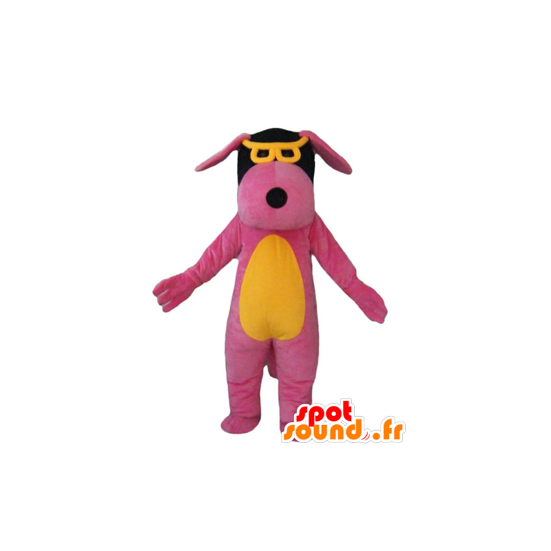 Rosa, gul och svart hundmaskot med glasögon - Spotsound maskot