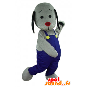 Mascot grauen und schwarzen Hund mit blauen Overalls - MASFR22808 - Hund-Maskottchen