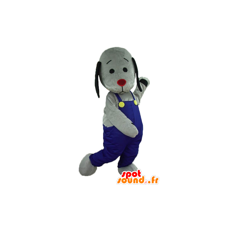 Mascot grauen und schwarzen Hund mit blauen Overalls - MASFR22808 - Hund-Maskottchen