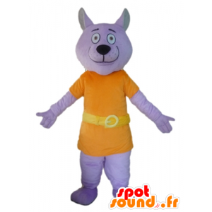 Viola mascotte lupo vestito con una tuta arancione - MASFR22810 - Mascotte lupo