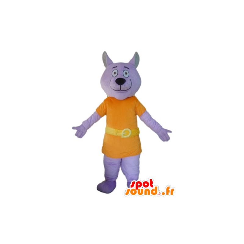 Mascote lobo roxo vestido com um terno laranja - MASFR22810 - lobo Mascotes