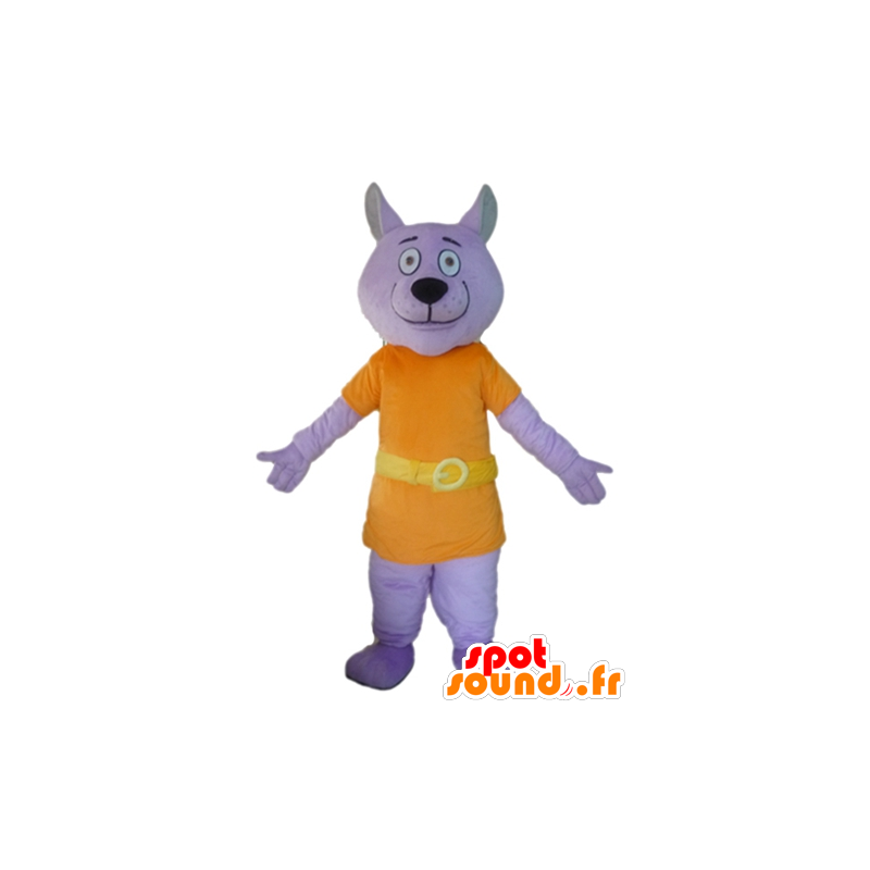 オレンジ色の衣装に身を包んだ紫色のオオカミのマスコット-MASFR22810-オオカミのマスコット