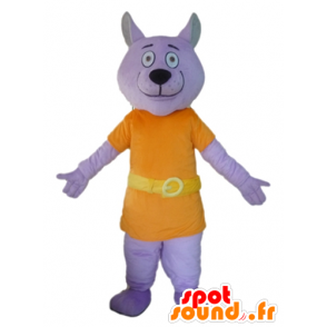 Fialový vlk maskot oblečený v oranžové barvě - MASFR22810 - vlk Maskoti