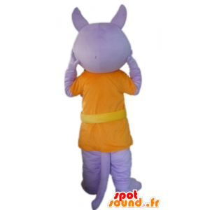 Viola mascotte lupo vestito con una tuta arancione - MASFR22810 - Mascotte lupo
