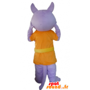 Fialový vlk maskot oblečený v oranžové barvě - MASFR22810 - vlk Maskoti