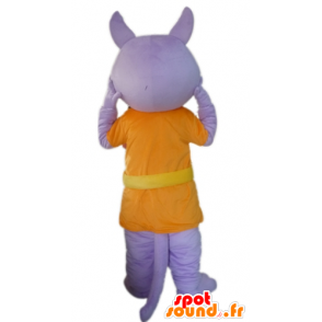 オレンジ色の衣装に身を包んだ紫色のオオカミのマスコット-MASFR22810-オオカミのマスコット