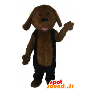 Mascotte de chien marron, tout poilu, en tenue noire - MASFR22811 - Mascottes de chien