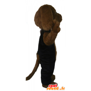 Mascotte de chien marron, tout poilu, en tenue noire - MASFR22811 - Mascottes de chien