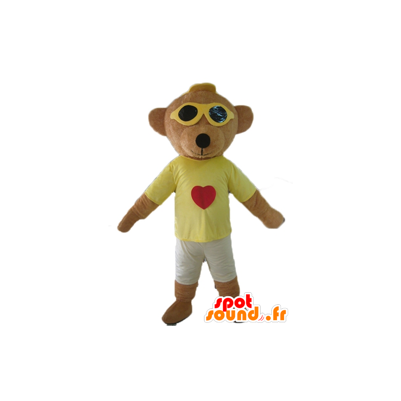 Bruine teddy mascotte, gekleurd houden met een bril - MASFR22812 - Bear Mascot