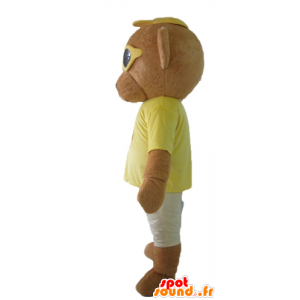 Brun bamse maskot, farverigt tøj, med briller - Spotsound