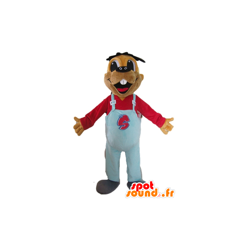 Mascot beaver brown with blue overalls - MASFR22813 - Beaver mascots