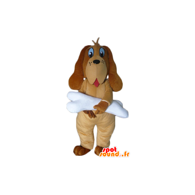 Brown Hund Maskottchen mit einem riesigen weißen Knochen - MASFR22818 - Hund-Maskottchen