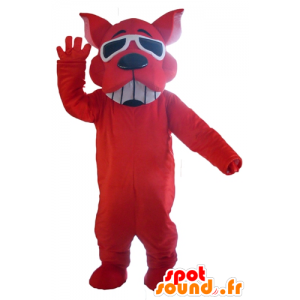 Rød hundemaskot, smilende, med solbriller - Spotsound maskot