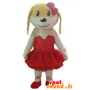 Mascotte de chien blanc et jaune, en robe rouge - MASFR22828 - Mascottes de chien
