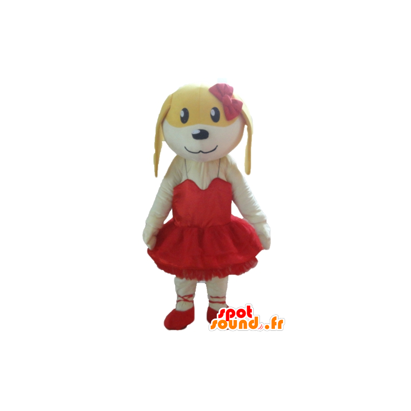 Hvid og gul hundemaskot, i rød kjole - Spotsound maskot kostume