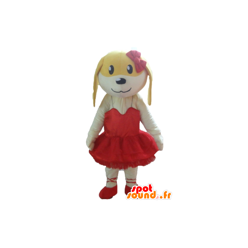 White and yellow dog mascot in red dress - MASFR22828 - Dog mascots