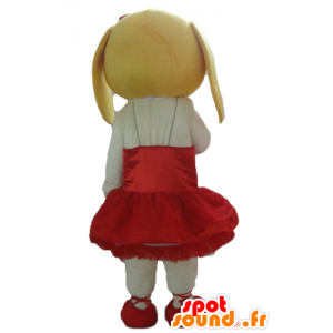 Mascotte de chien blanc et jaune, en robe rouge - MASFR22828 - Mascottes de chien