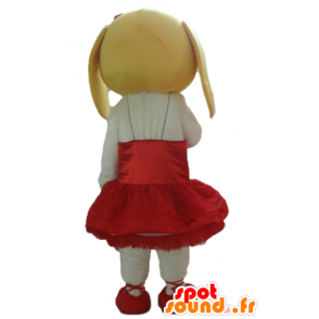 Bianco e giallo cane mascotte in abito rosso - MASFR22828 - Mascotte cane