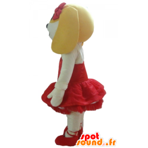 Mascotte de chien blanc et jaune, en robe rouge - MASFR22828 - Mascottes de chien