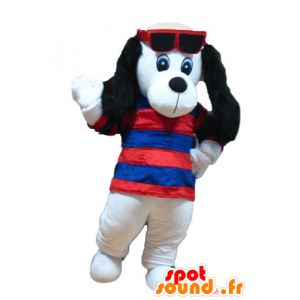 Mascotte de chien blanc et noir, avec un pull à rayures - MASFR22833 - Mascottes de chien