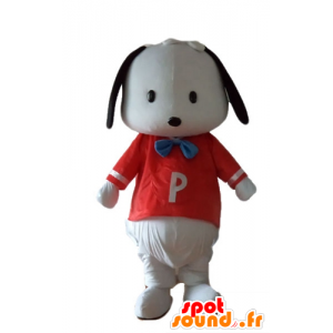 Lille sort og hvid hundemaskot med en rød t-shirt - Spotsound