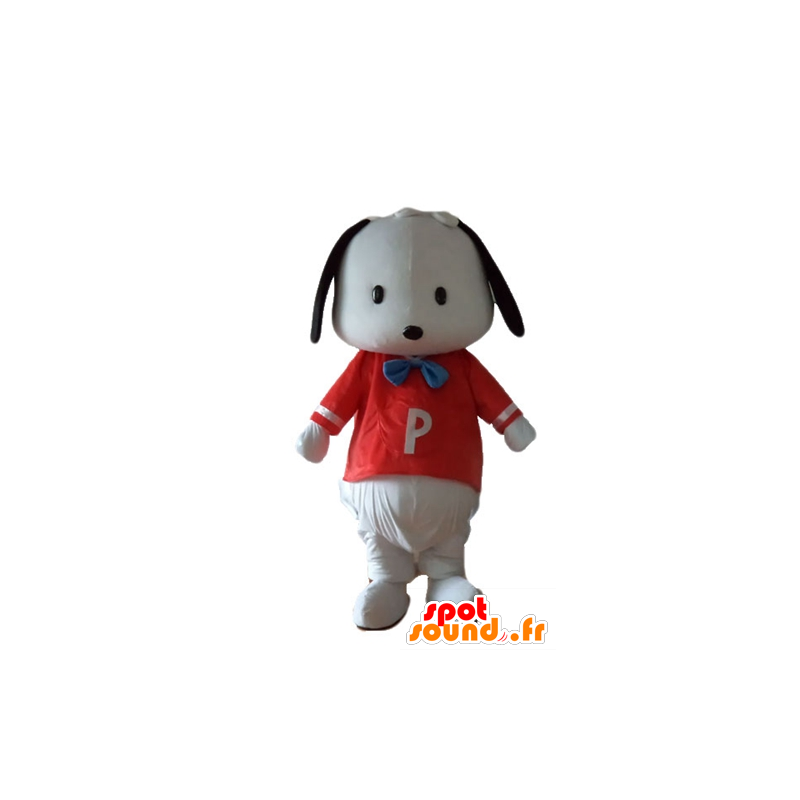 Mascot cucciolo bianco e nero con una camicia rossa - MASFR22834 - Mascotte cane