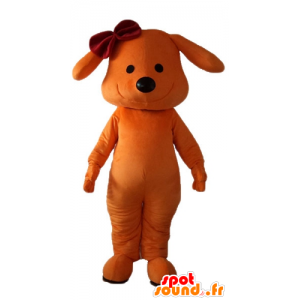 Mascotte de chien orange, souriant, avec un nœud sur la tête - MASFR22842 - Mascottes de chien