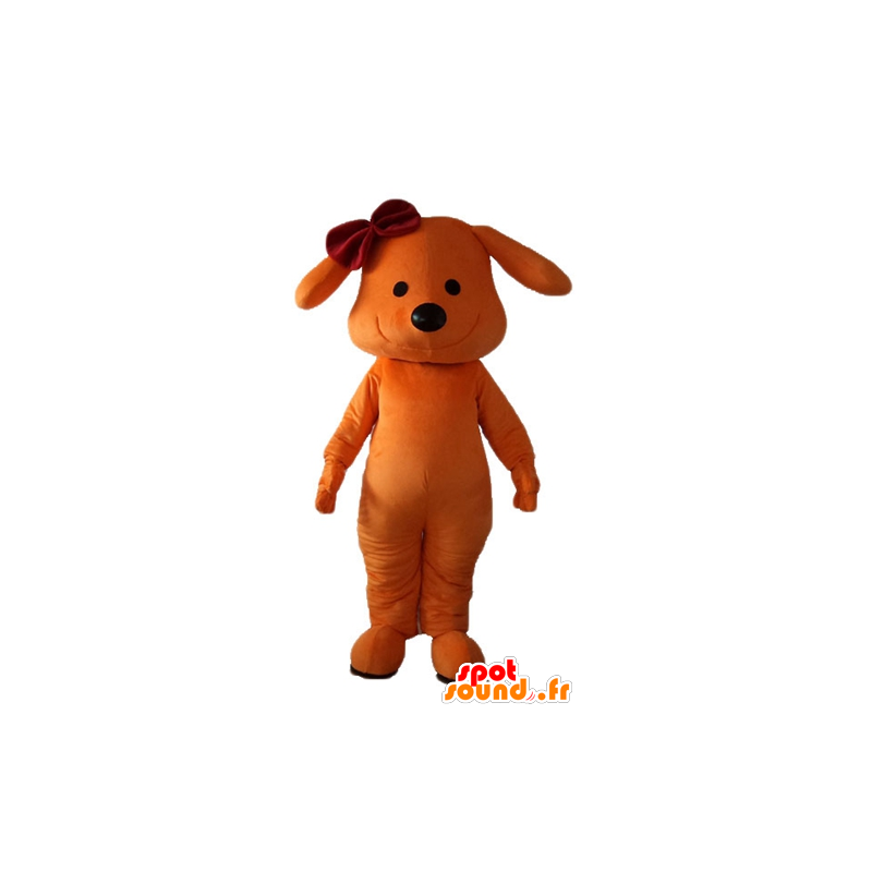 Mascotte de chien orange, souriant, avec un nœud sur la tête - MASFR22842 - Mascottes de chien