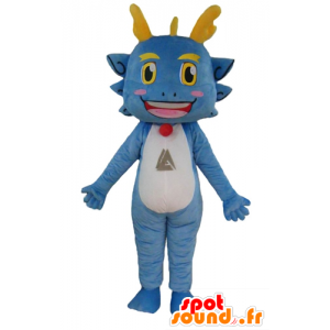 Blu drago mascotte, bianco e giallo, divertente e sorridente - MASFR22846 - Mascotte drago