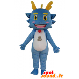 Mascota dragón azul, blanco y amarillo, divertido y sonriente - MASFR22846 - Mascota del dragón