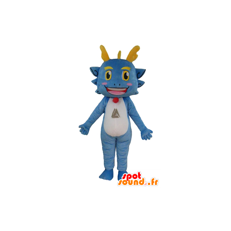 Azul mascote dragão, branco e amarelo, engraçado e sorrindo - MASFR22846 - Dragão mascote