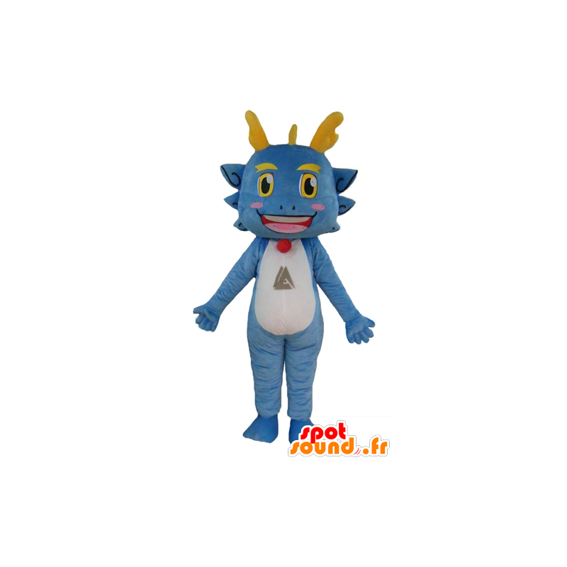 Blue dragon mascot, white and yellow, funny and smiling - MASFR22846 - Dragon mascot